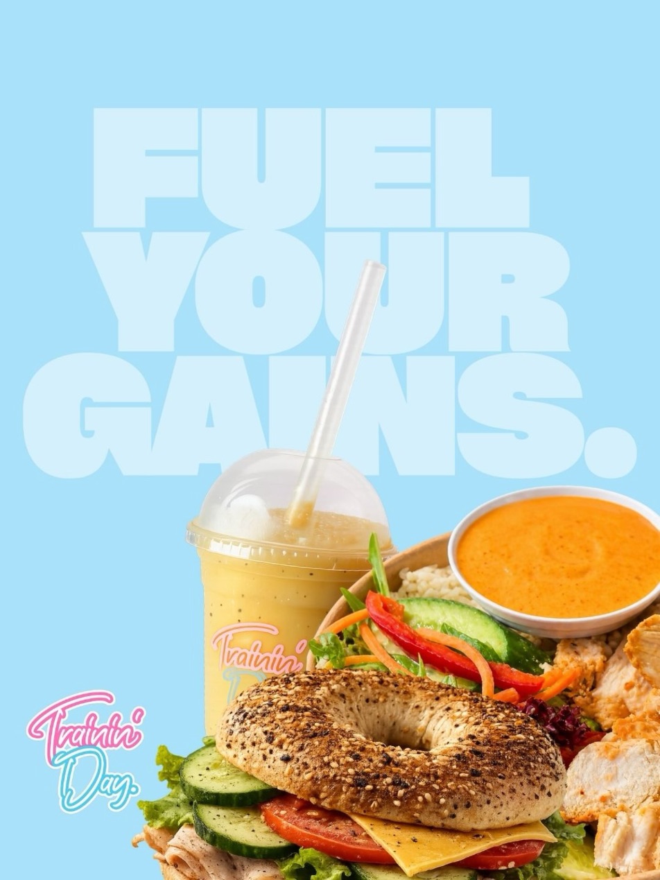 Fuel your gains: a smoothie, a bagel and a chicken rice bowl